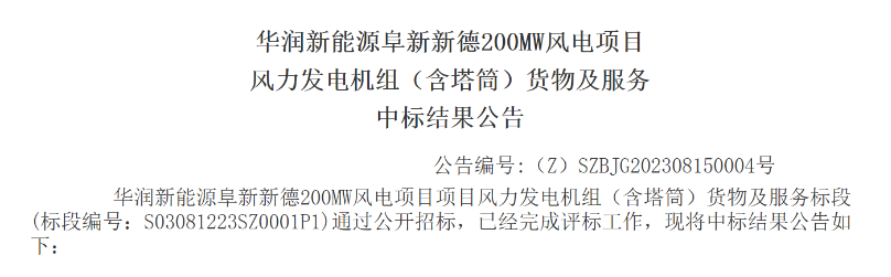 3.5億元！華潤200MW風電項目中標公示